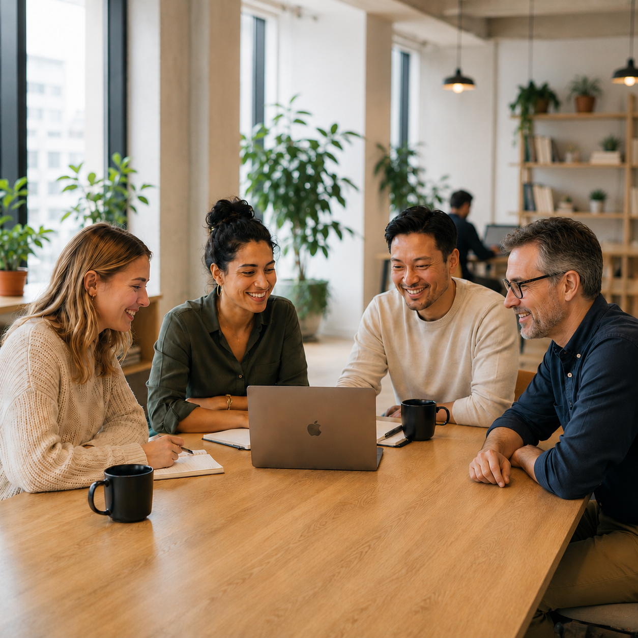 Colleagues collaborating around a laptop in a bright office