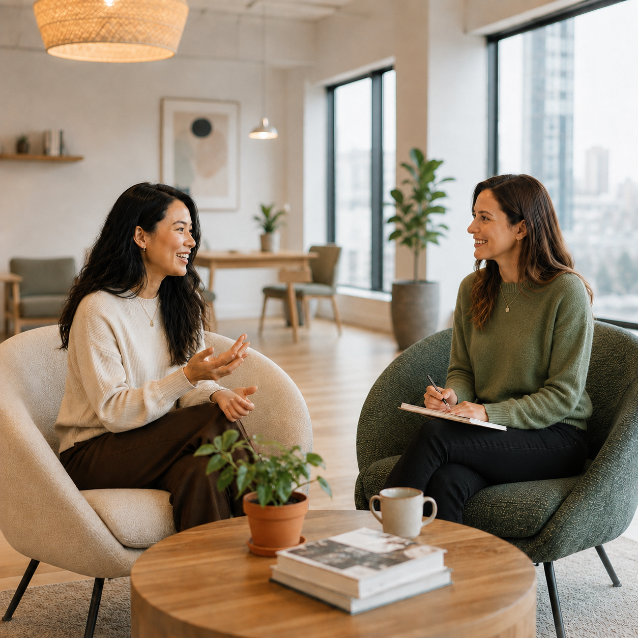 A candidate and recruiter mid-interview, both engaged and smiling