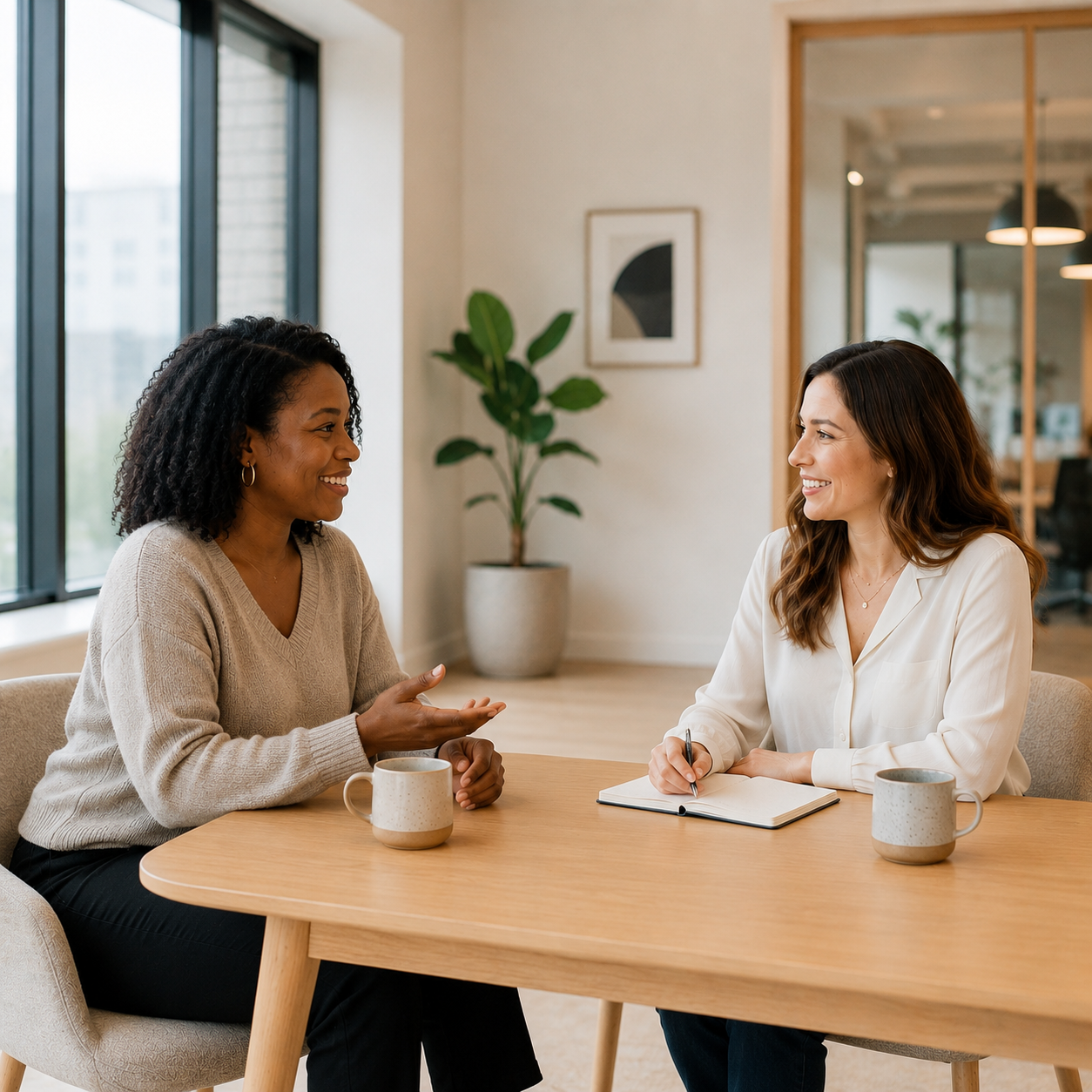 A recruiter and a candidate in a focused one-on-one conversation