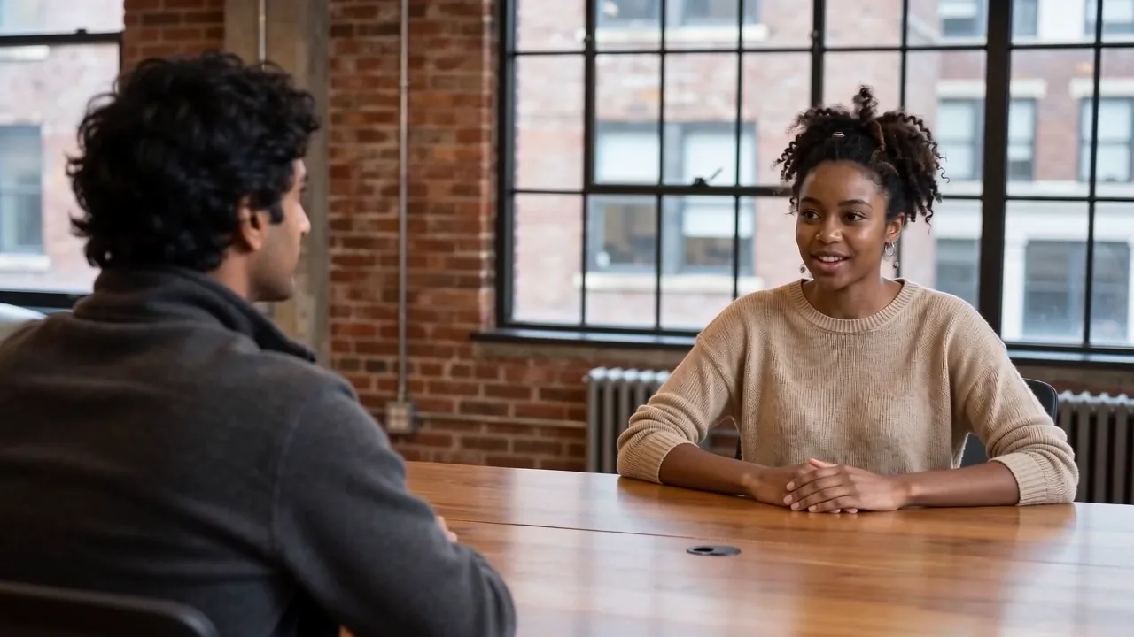 A recruiter speaking with a candidate across a table in a bright office